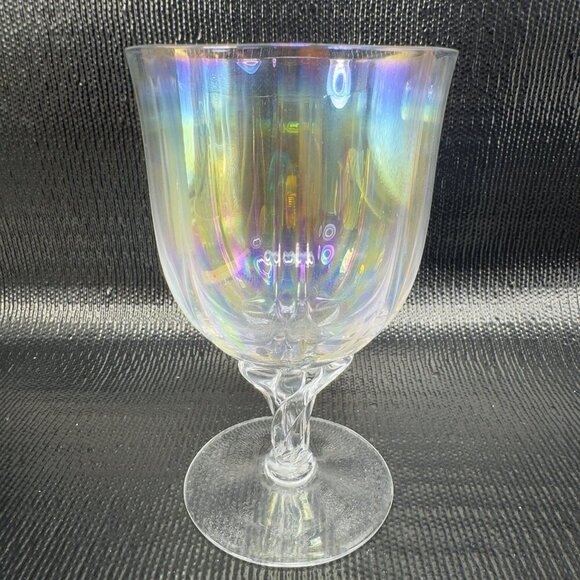 Vintage Iridescent Glass Footed Glasses Cups Drinking Goblets Twisted Stem Set 2 - Picture 7 of 11